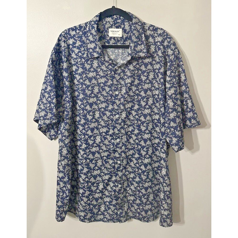 TUNEVUSE Mens Button Down Short Sleeve 3XL Reg Fit Floral Navy - Picture 2 of 8